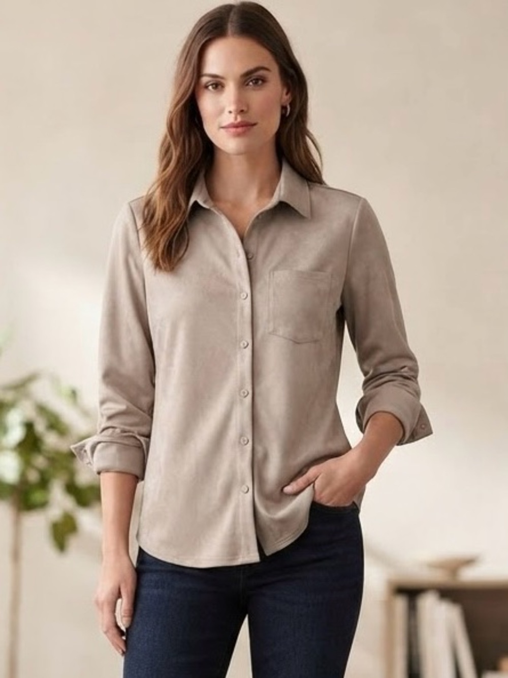 Tyler Boe Faux Suede Beige Button-Down Shirt Women’s Medium EUC